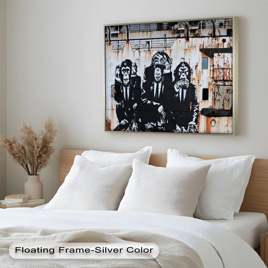 Subdued color saturation enhances the somber mood of this Banksy 'Silent Truth' oil painting decoration, portraying suited chimps with underlying irony.