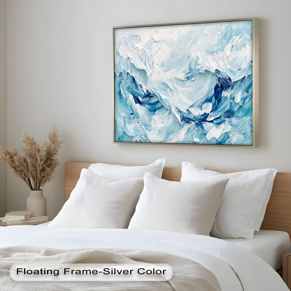 Expressive ocean-inspired wall art in cool blue and snowy tones.
