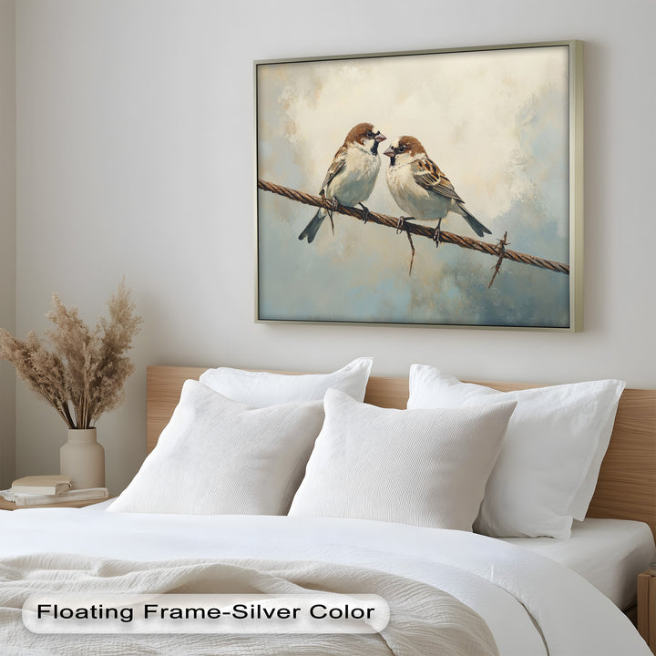 Two Sparrows on a Wire – Bird Oil Painting