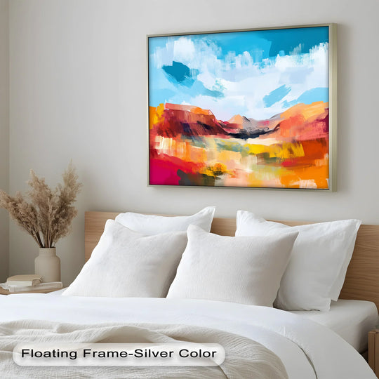 Rushing colors and gestural brushstrokes create a sense of dynamic movement across this 'Crimson Horizon' abstract oil painting home decor, an original desertscape piece.