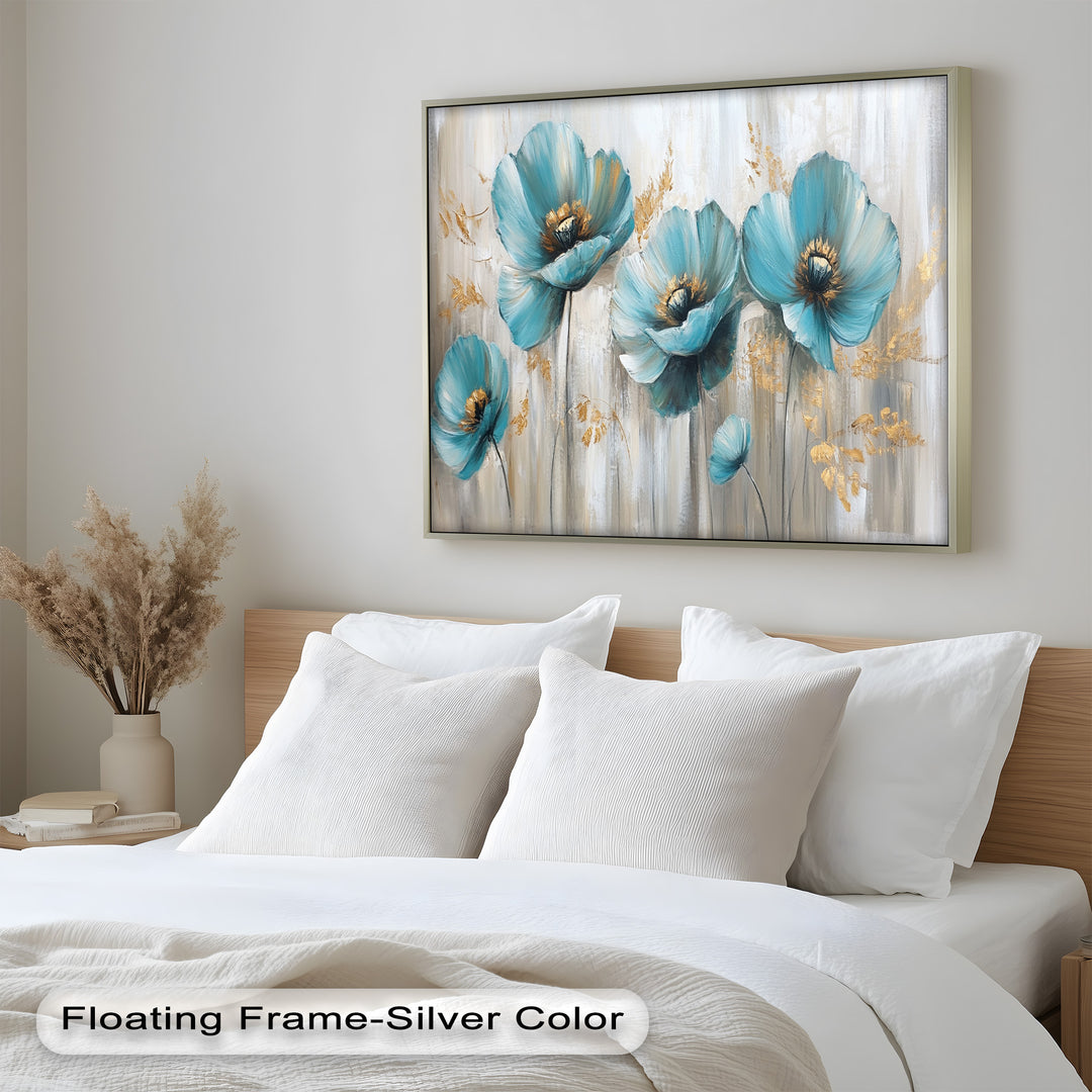 Blue Poppies with Metallic Accents - Flower Oil Painting