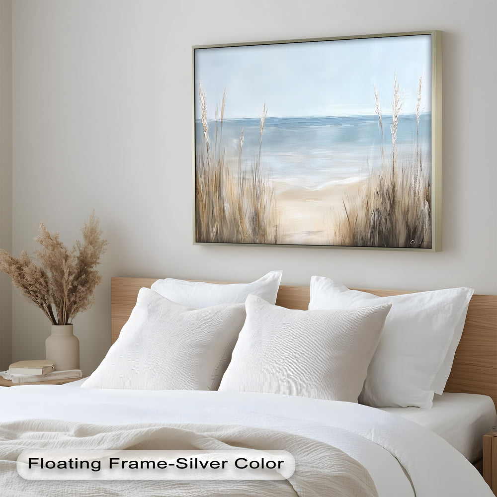 Rendered in calm, muted tones, the artwork evokes simplicity, stillness, and the refreshing quiet of the seaside.