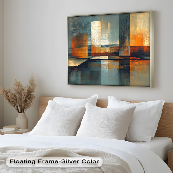 Contemporary urban-inspired artwork with structured lines and glowing light.
