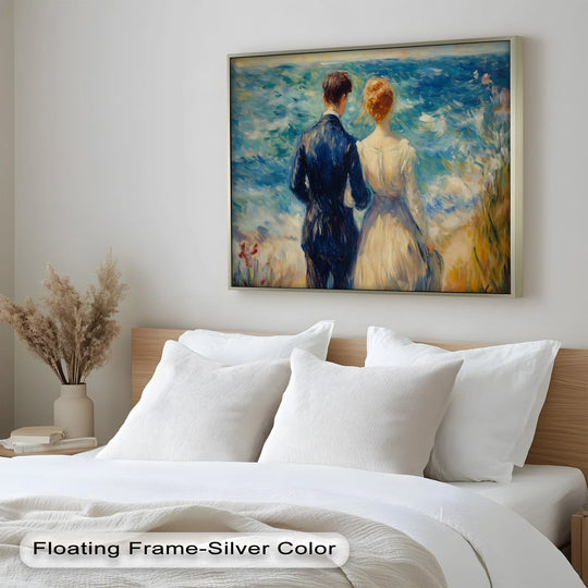 Subtle brushstrokes define the surface texture of this romantic, impressionist oil painting wall art depicting lovers by the sea with a silver floating frame.