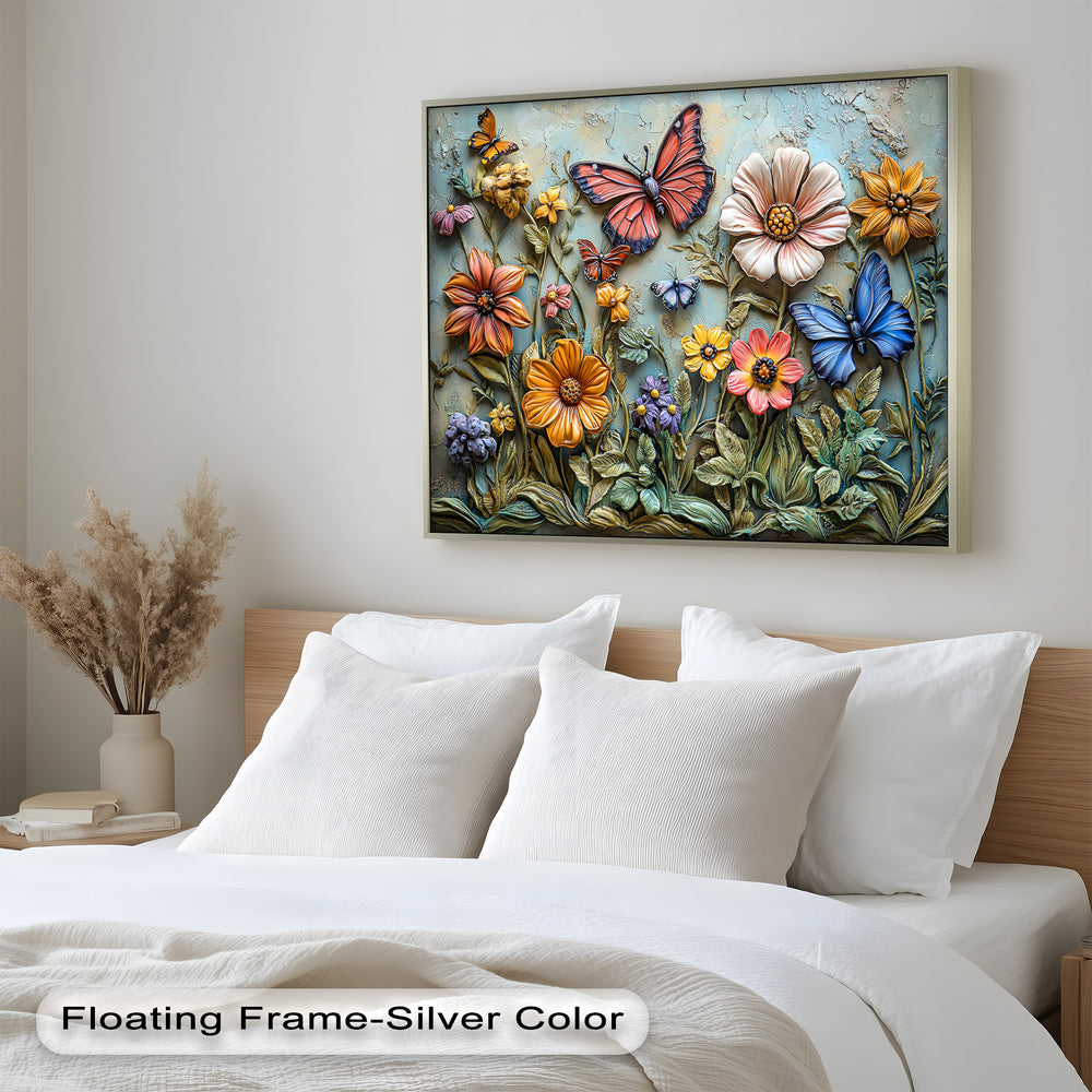 A beautifully detailed mixed-media wall art piece showcasing sculpted flowers in shades of yellow, pink, and orange, surrounded by delicately crafted butterflies.