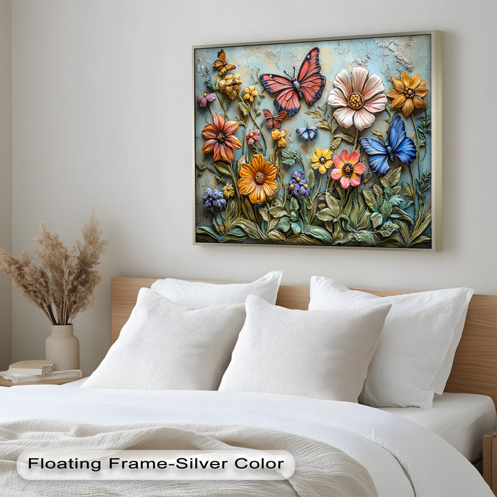A beautifully detailed mixed-media wall art piece showcasing sculpted flowers in shades of yellow, pink, and orange, surrounded by delicately crafted butterflies.