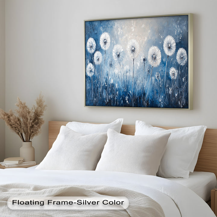 A calming modern painting of delicate dandelions, blending white and blue hues in a minimalist, dreamy landscape.