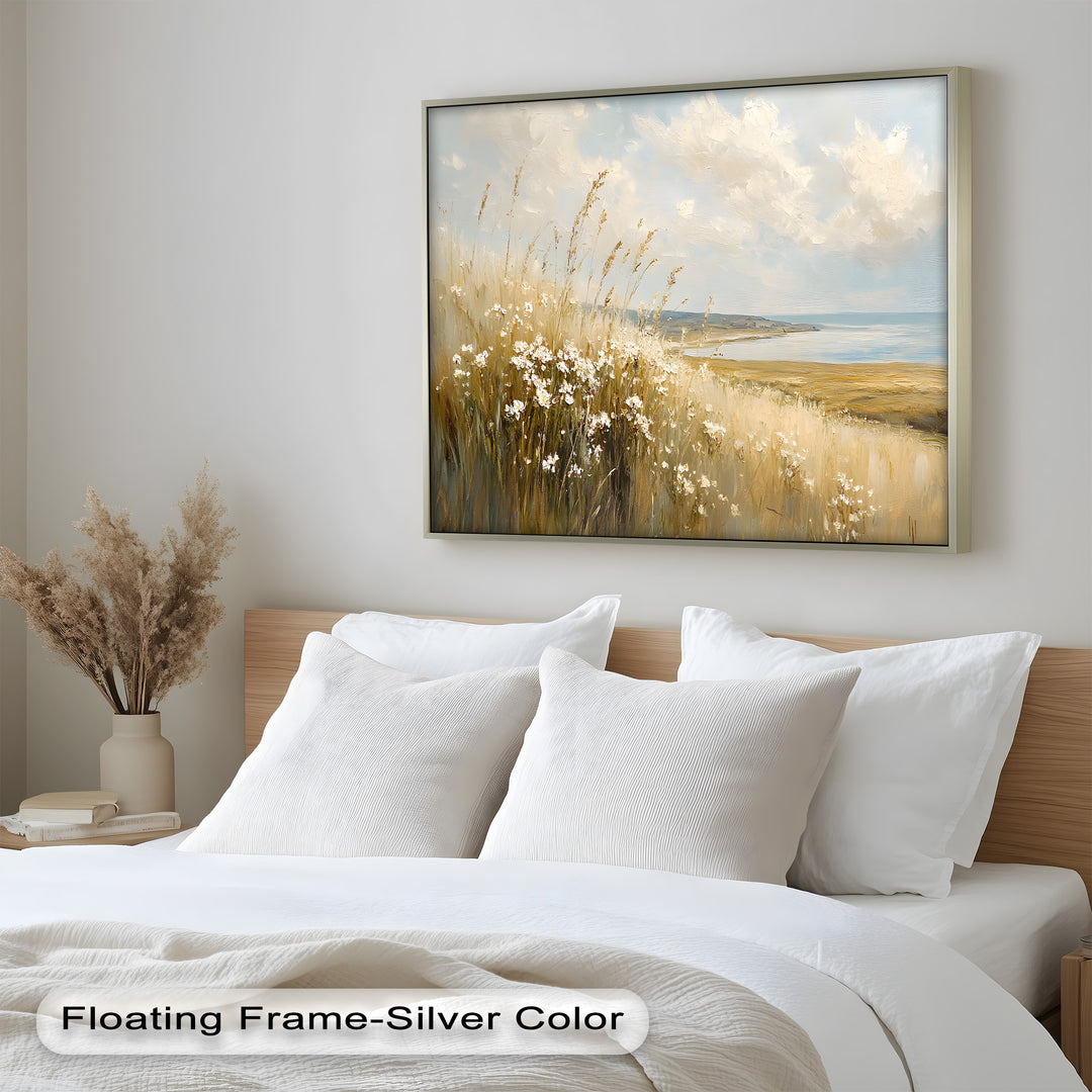 Sun-kissed coastal grasses and wildflowers dance in the breeze in this elegant landscape painting, evoking a sense of freedom and quiet escape by the sea.

