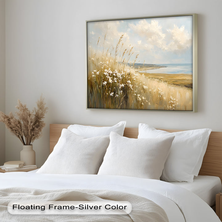 Sun-kissed coastal grasses and wildflowers dance in the breeze in this elegant landscape painting, evoking a sense of freedom and quiet escape by the sea.

