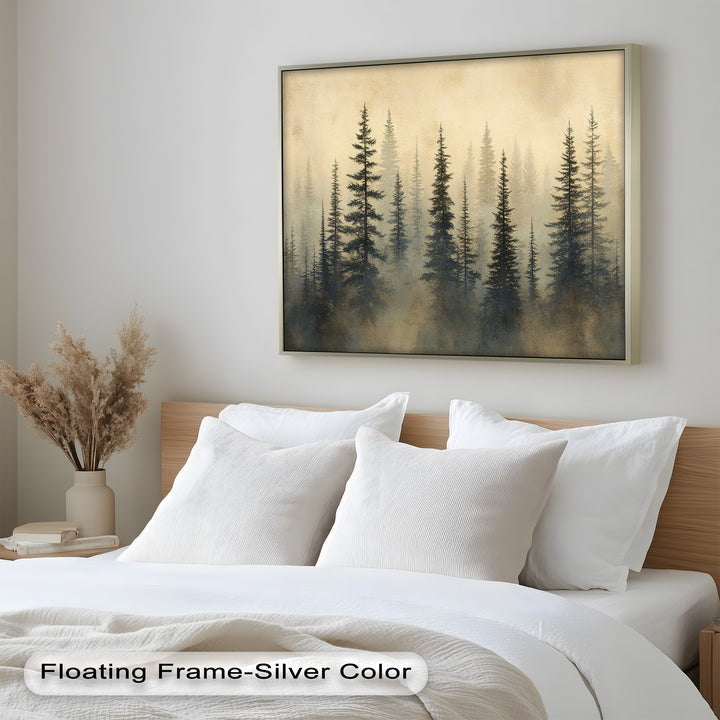 Serene nature wall art featuring towering evergreens in soft morning fog.
