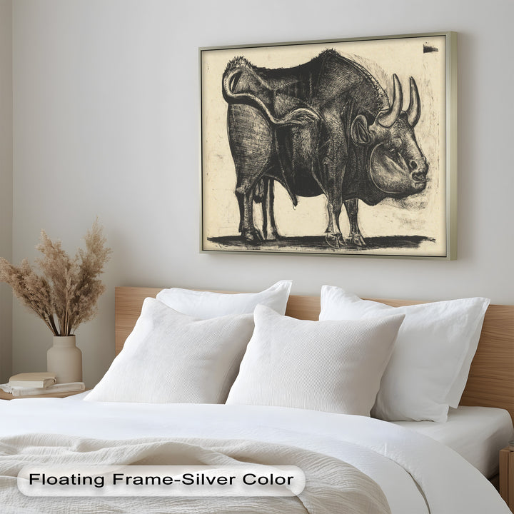 An intense and imaginative bull portrait, blending realism with abstraction through heavy contour and contrast.