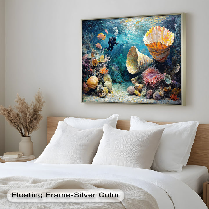 Diver Exploring Coral Reefs with Giant Shells - Animal Oil Painting
