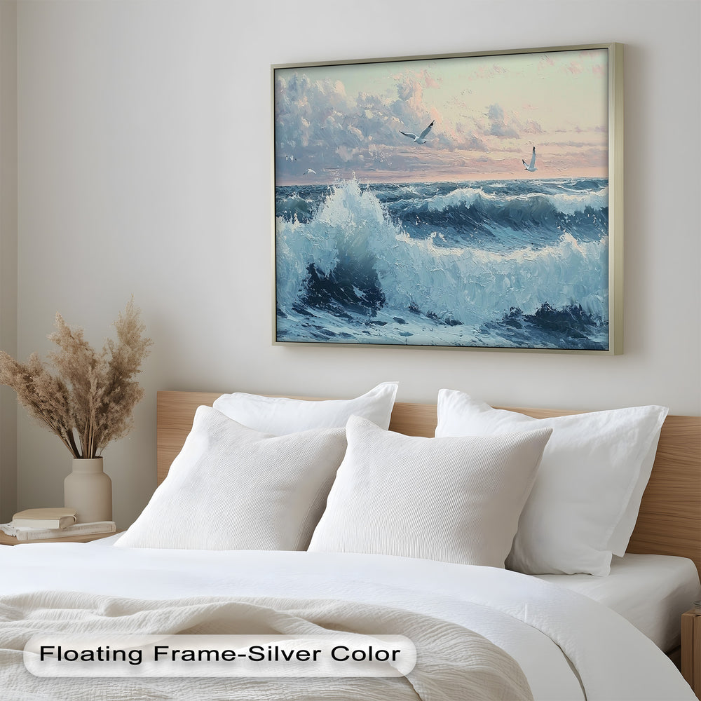 The combination of cool blues and soft pinks creates a striking contrast that brings energy and serenity to the composition.