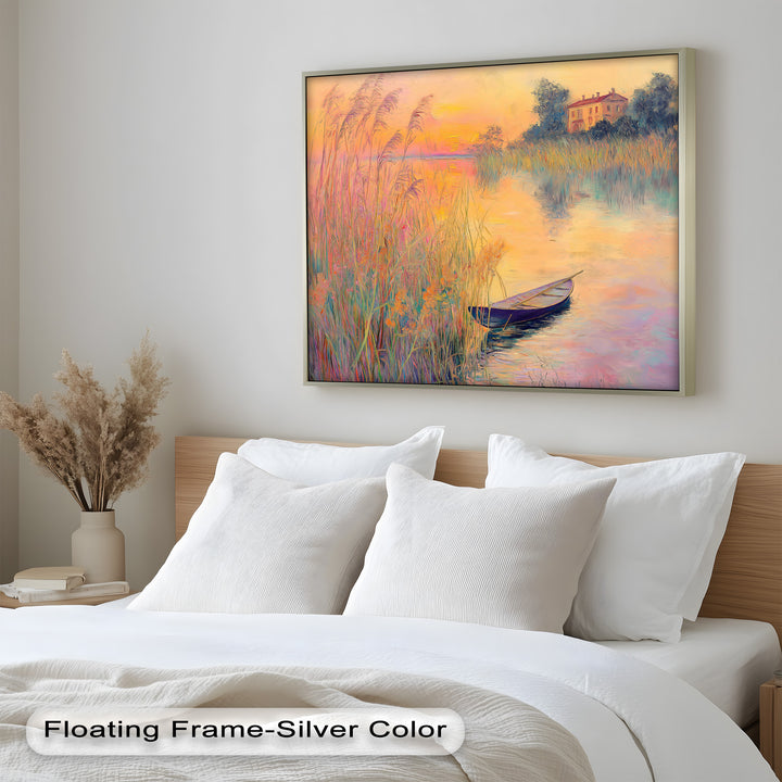 Golden Reeds and Sunset Rowboat – Impressionist Oil Painting