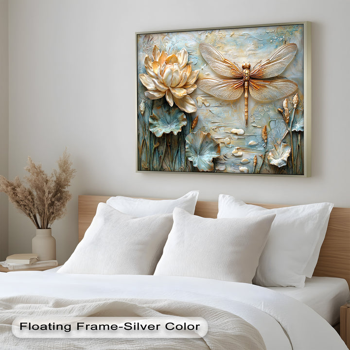 A luxurious nature-inspired artwork highlighting a highly detailed dragonfly with translucent wings, floating among golden flowers and textured botanical elements.