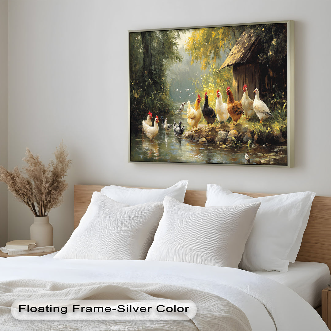 Country Farmyard Chickens by the Stream – Animal Oil Painting