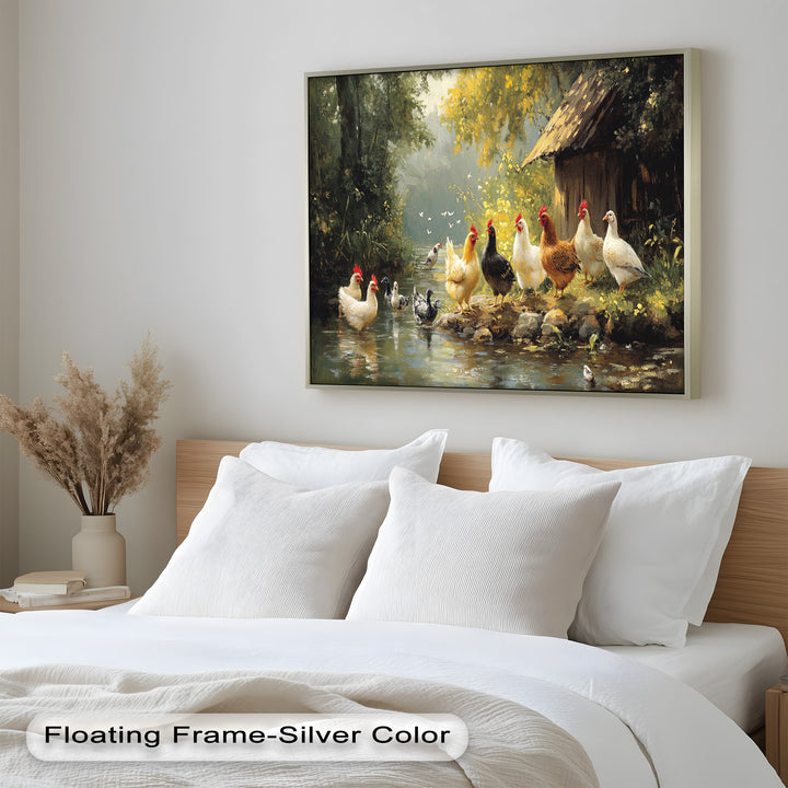 Country Farmyard Chickens by the Stream – Animal Oil Painting