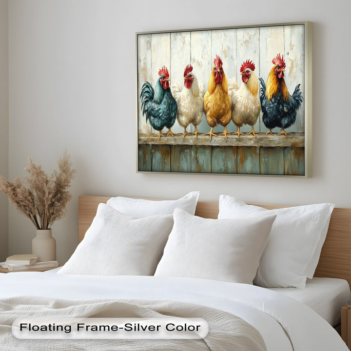 Colorful Roosters on a Wooden Fence – Animal Oil Painting