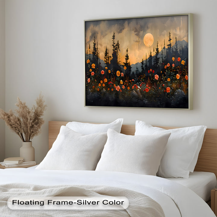 Moonlit Forest Landscape - Framed Floral Oil Painting