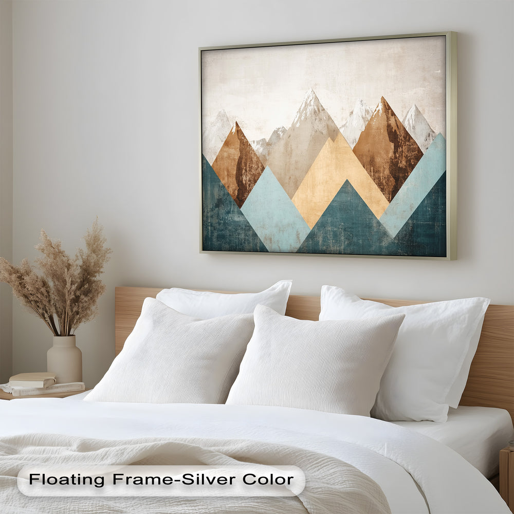 A minimalist landscape artwork featuring stylized mountain peaks in muted blue, brown, and beige hues, blending realism with abstraction.

