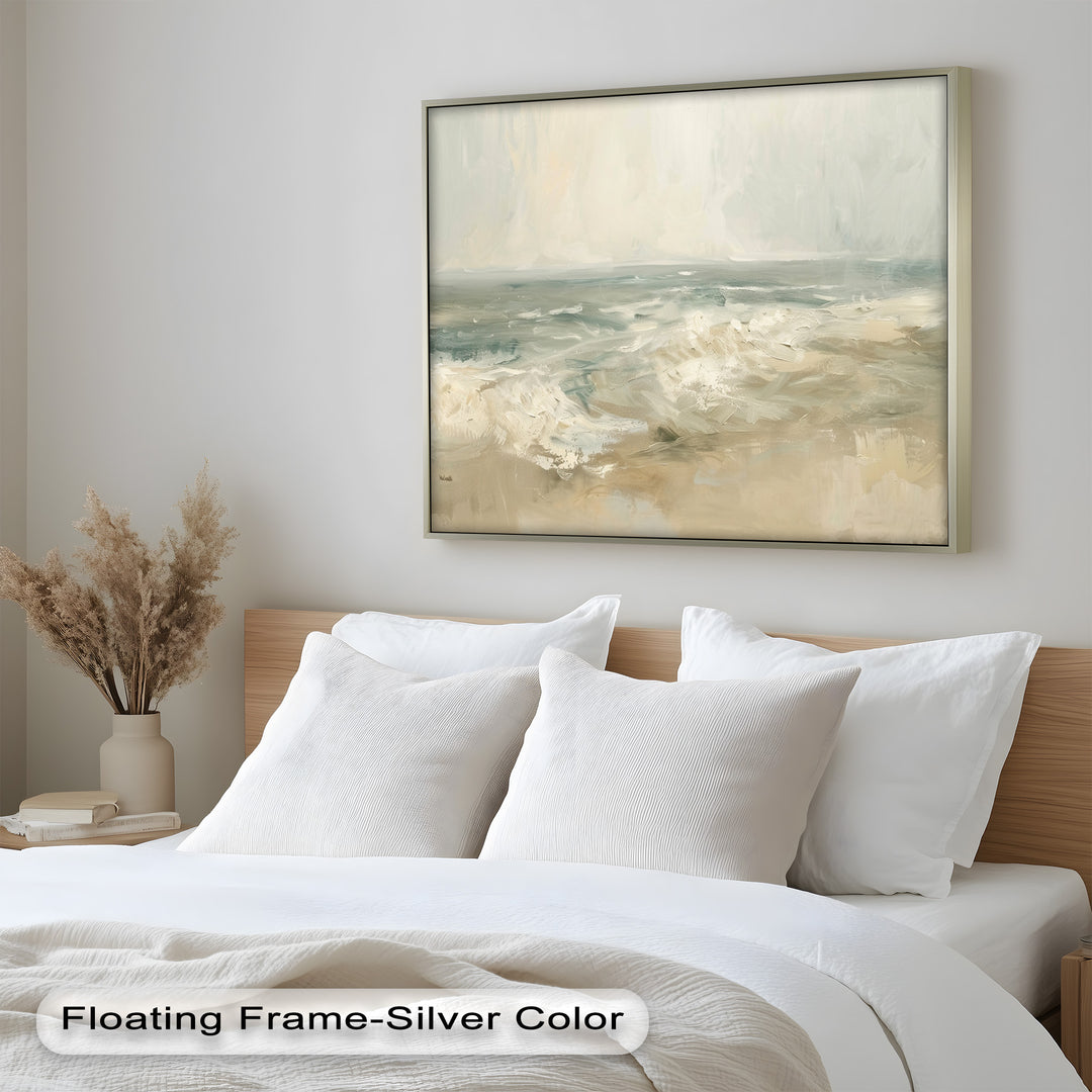 Modern Earthy Green Abstract Landscape – Coastal Serenity Oil Painting