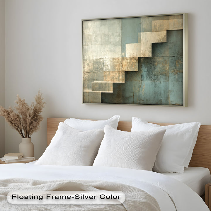 Geometrische Schritte Abstrakt – Blau &amp; Beige Modernes Ölgemälde
