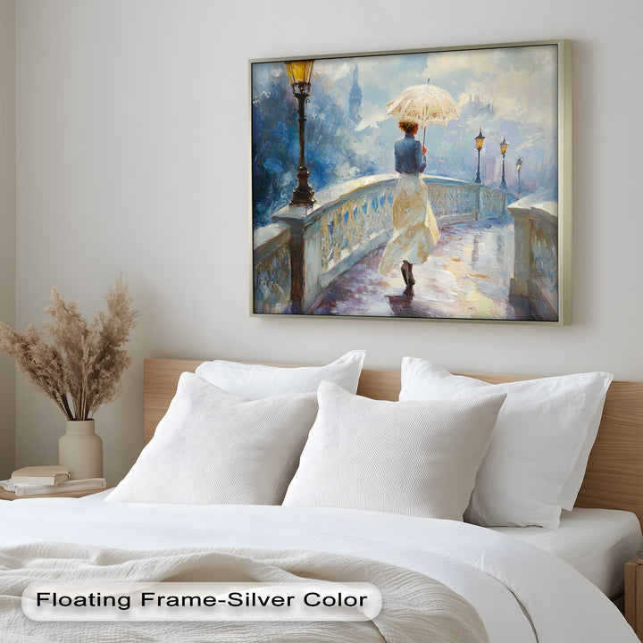 Woman with Umbrella on Cobblestone Bridge – Oil Painting