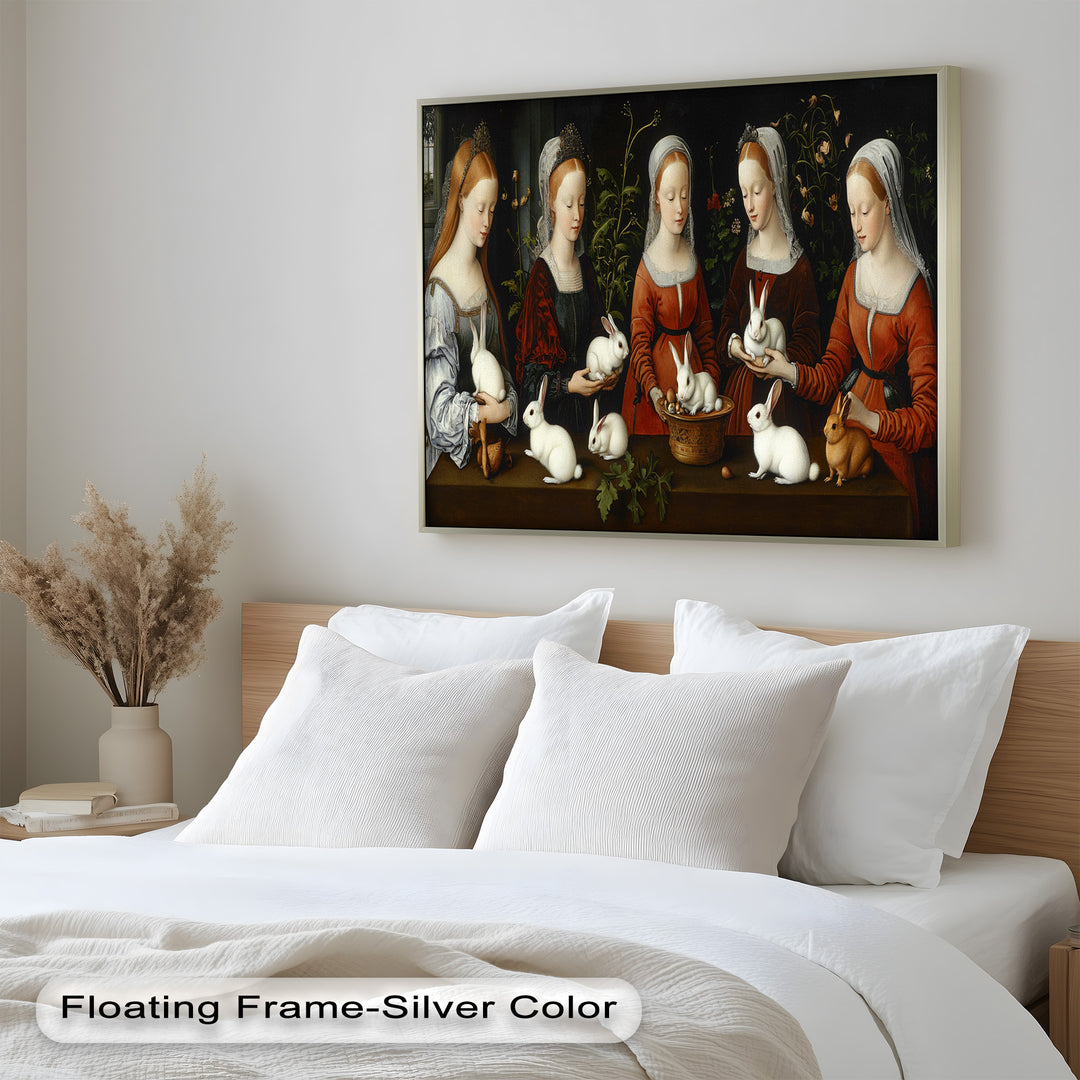 Maiden Garden Gathering – Renaissance Rabbit Portrait Oil Painting