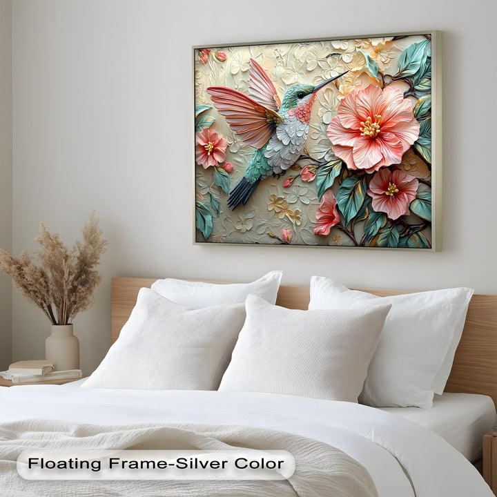 Spring Hummingbird with Pink Flowers – Framed Oil Painting