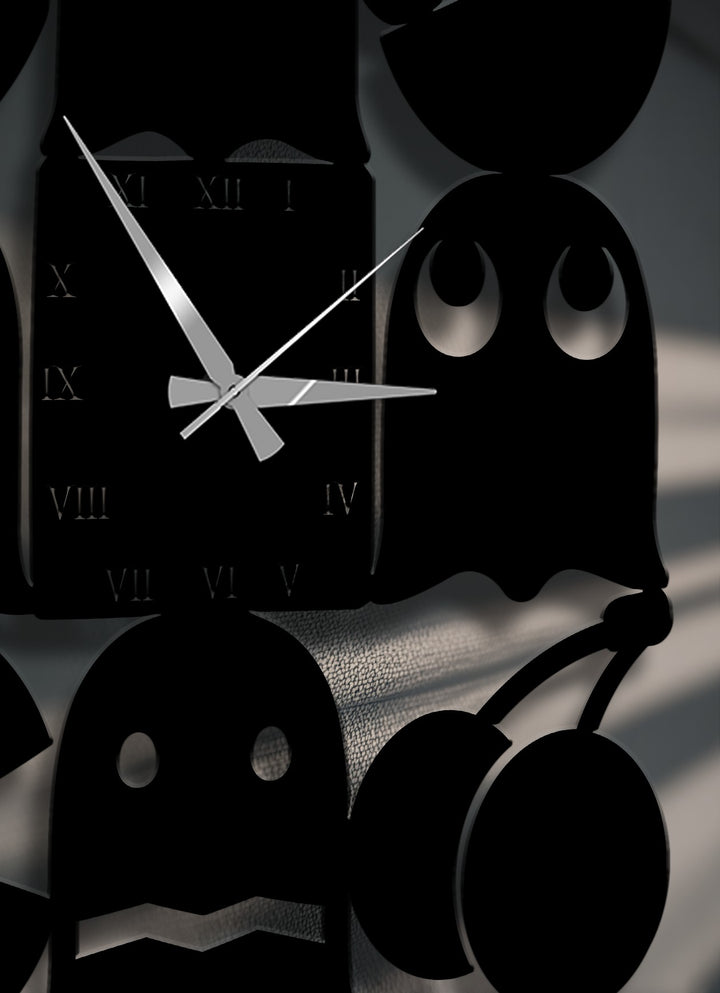 The playful mood of this retro arcade-inspired metal art for wall clock evokes a nostalgic charm with its iconic character design.