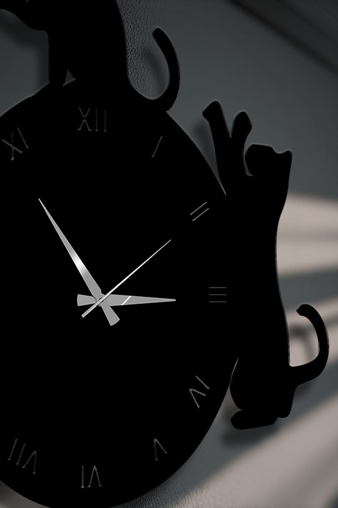 Playful Cat Silhouette Roman Numeral Metal Wall Clock
