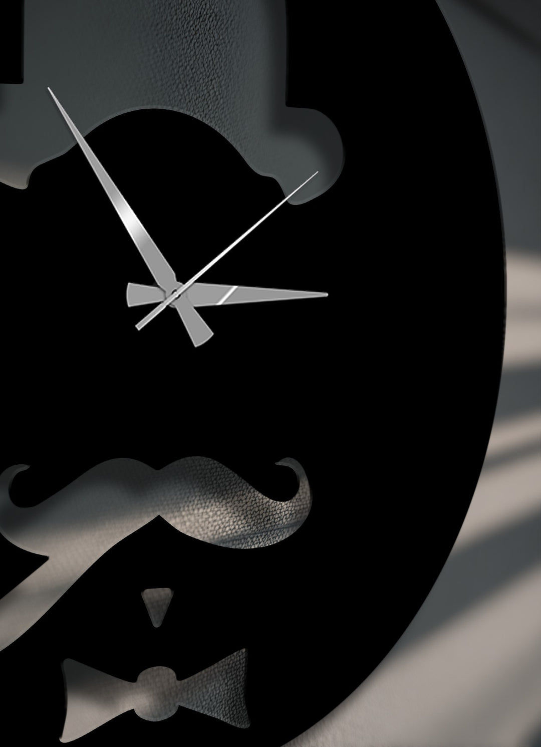 The strong visual rhythm of the dark gentleman silhouette cutouts and sharp silver hands defines this unique metal wall clock decoration wall art.