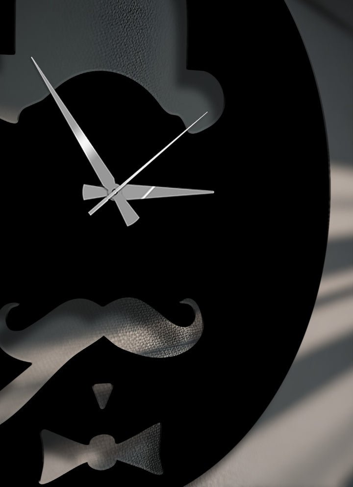 The strong visual rhythm of the dark gentleman silhouette cutouts and sharp silver hands defines this unique metal wall clock decoration wall art.