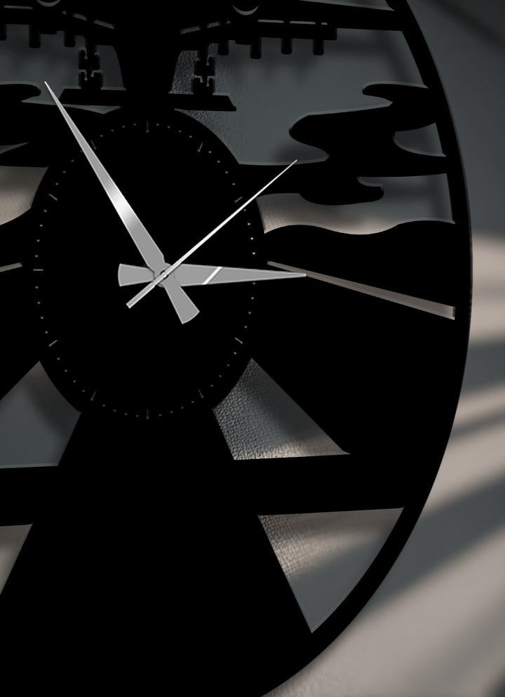 With desaturated tones, this metal wall decor showcases an aviation-inspired airplane silhouette clock with sleek hands and subtle lighting.