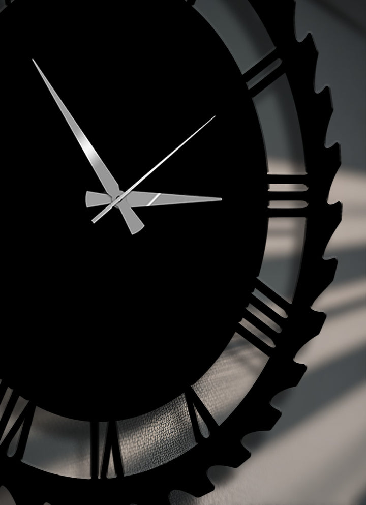 The realistic details of this industrial gear-style metal art for wall clock showcase its Roman numerals and textured background.