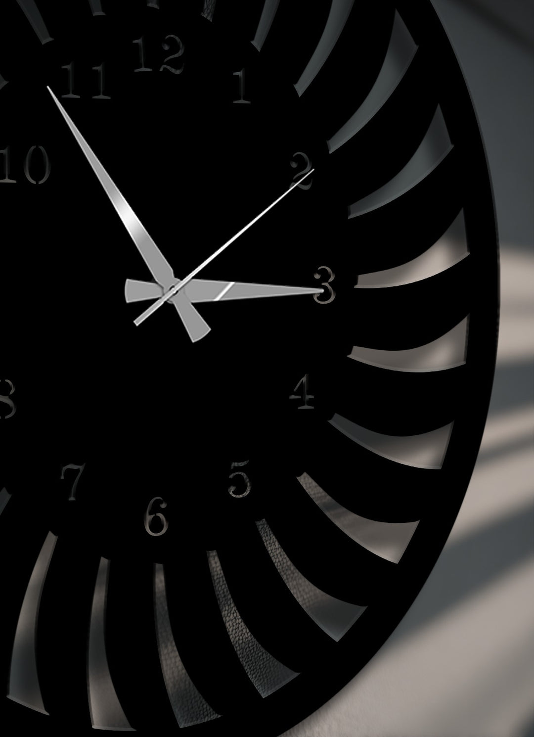 The abstract quality of this metal art for wall clock features a striking radial pattern with a modern spiral design in deep black.