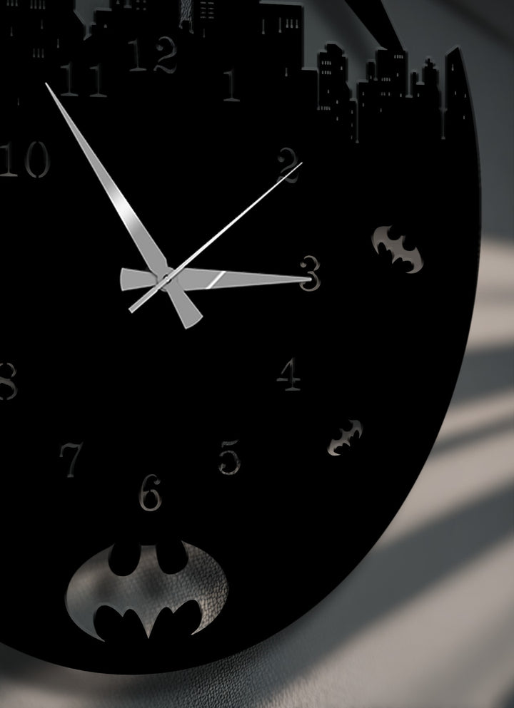 The stillness of the dark city is captured in this metal artwork, an Urban Night Skyline Metal Wall Clock with prominent Batman symbols.