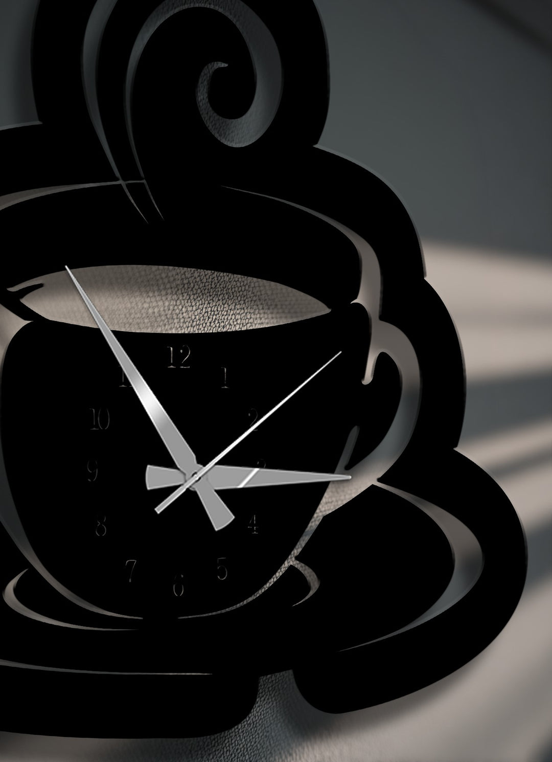 Showcasing a smooth, almost velvety matte black finish, this decorative metal art coffee cup wall clock emanates a refined, modern appeal.