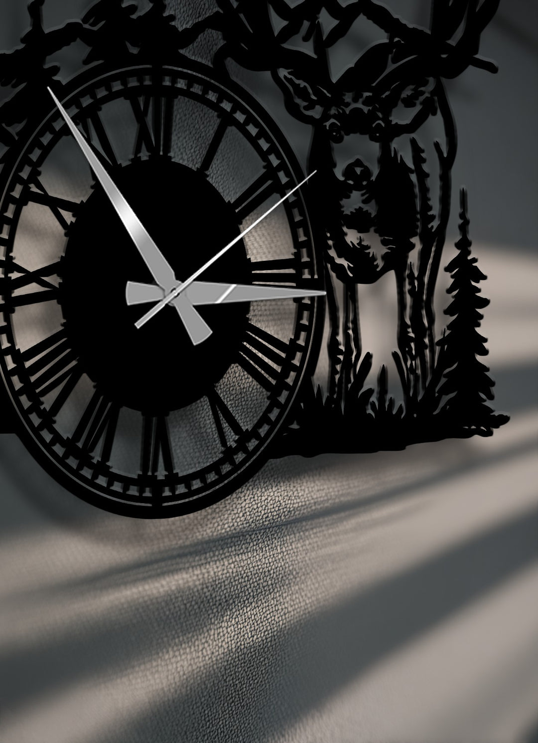 The majestic deer and stylized forest forms, intricate in their rustic silhouette, create a captivating metal wall decor clock.