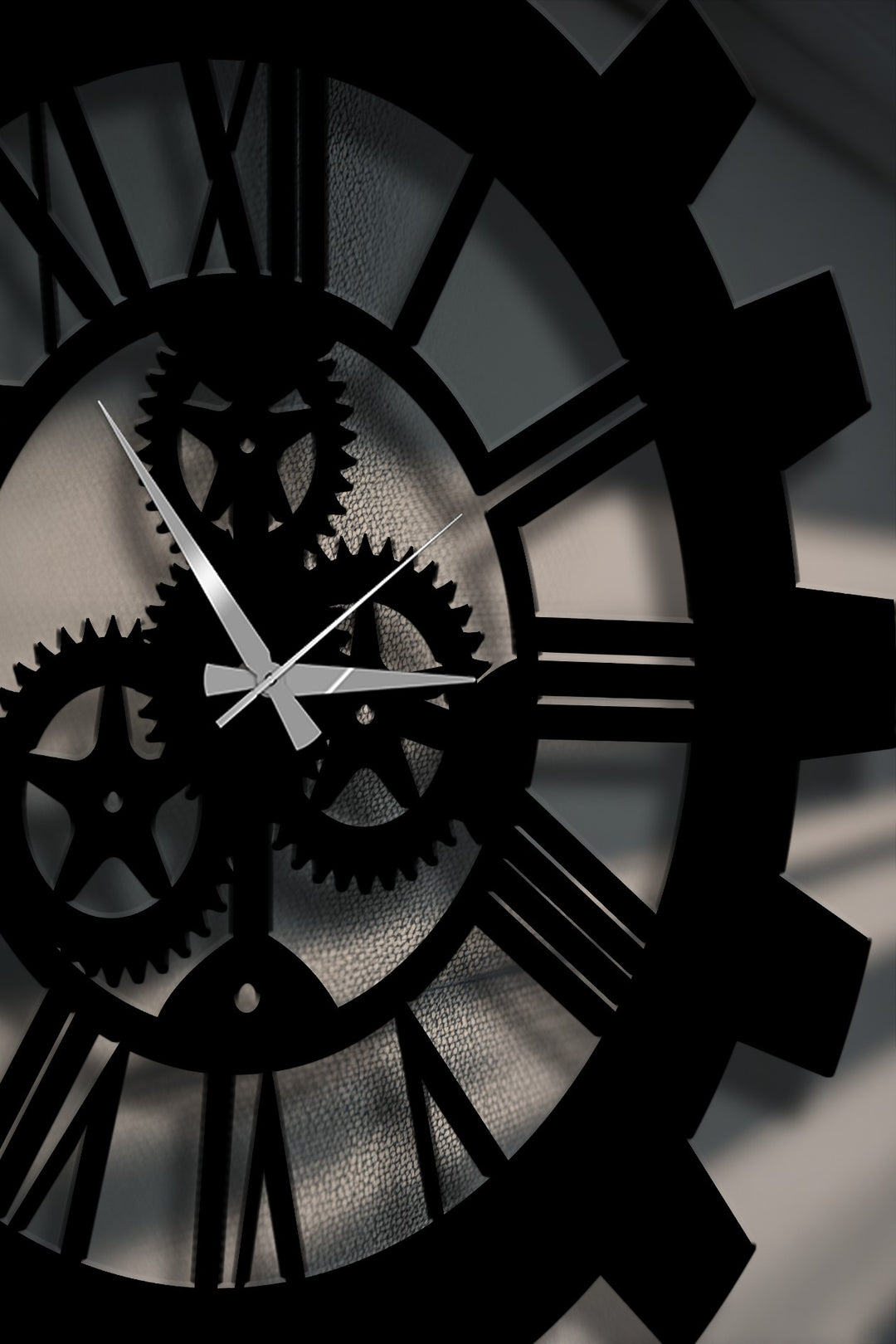 Visual rhythm in this industrial gear Roman numeral clock's design creates an eye-catching piece of unique metal wall art through its intricate gear shapes.