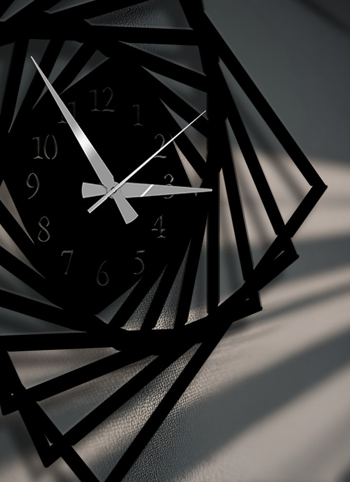 The striking interplay of light and shadow highlights the intricate spiral frame of the modern metal wall decor, with subtle numeral outlines.