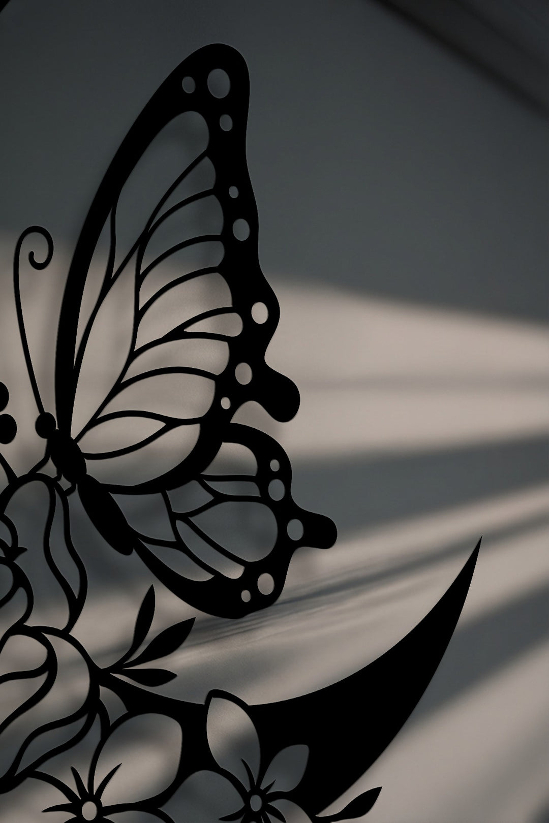 Lunar Bloom – Butterfly & Floral Crescent Metal Wall Art