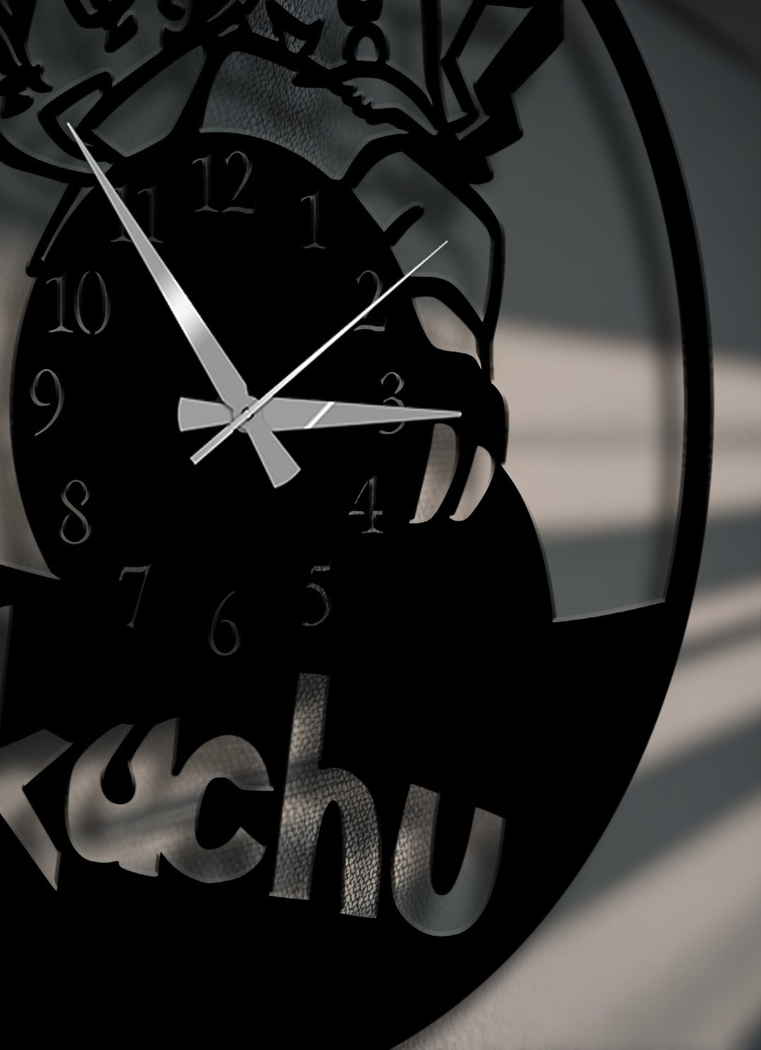 The wall clock's metal artwork displays striking depth and layers, featuring a detailed cartoon character silhouette and elegant clock hands.