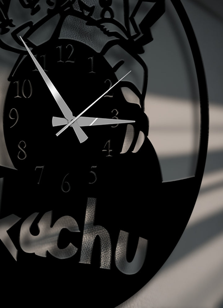 The wall clock's metal artwork displays striking depth and layers, featuring a detailed cartoon character silhouette and elegant clock hands.