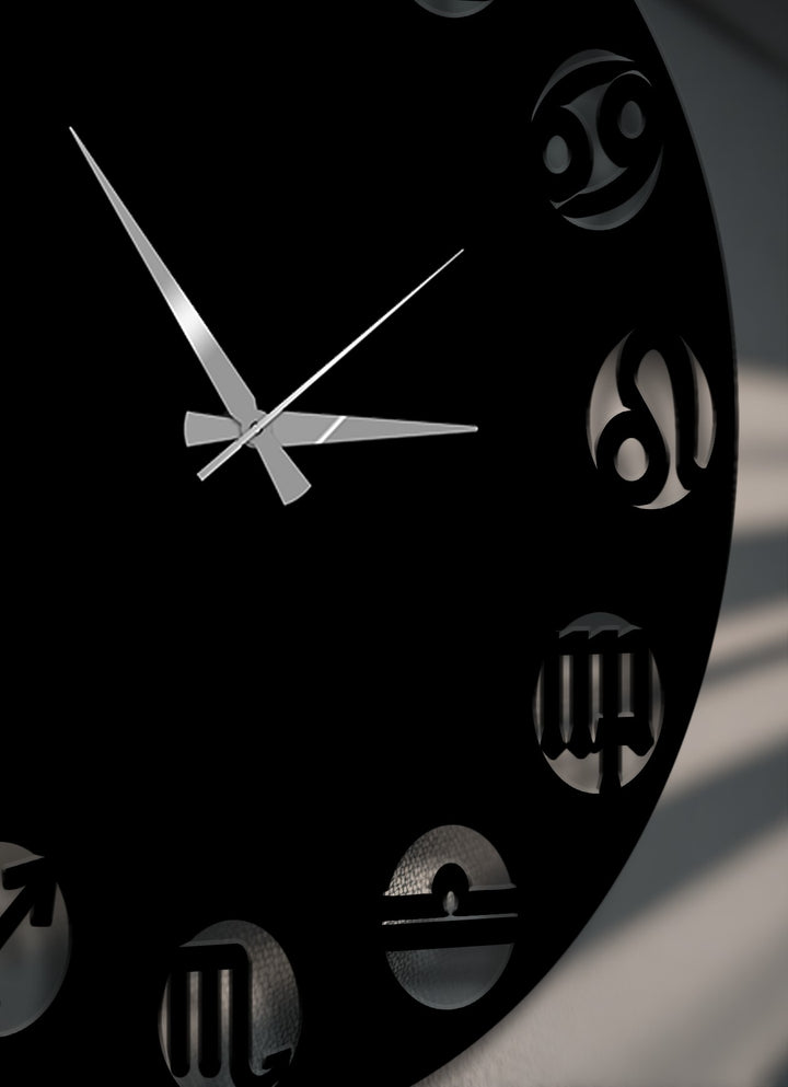 The mysterious ambiance of a modern black zodiac metal wall clock creates a captivating decoration wall art piece.