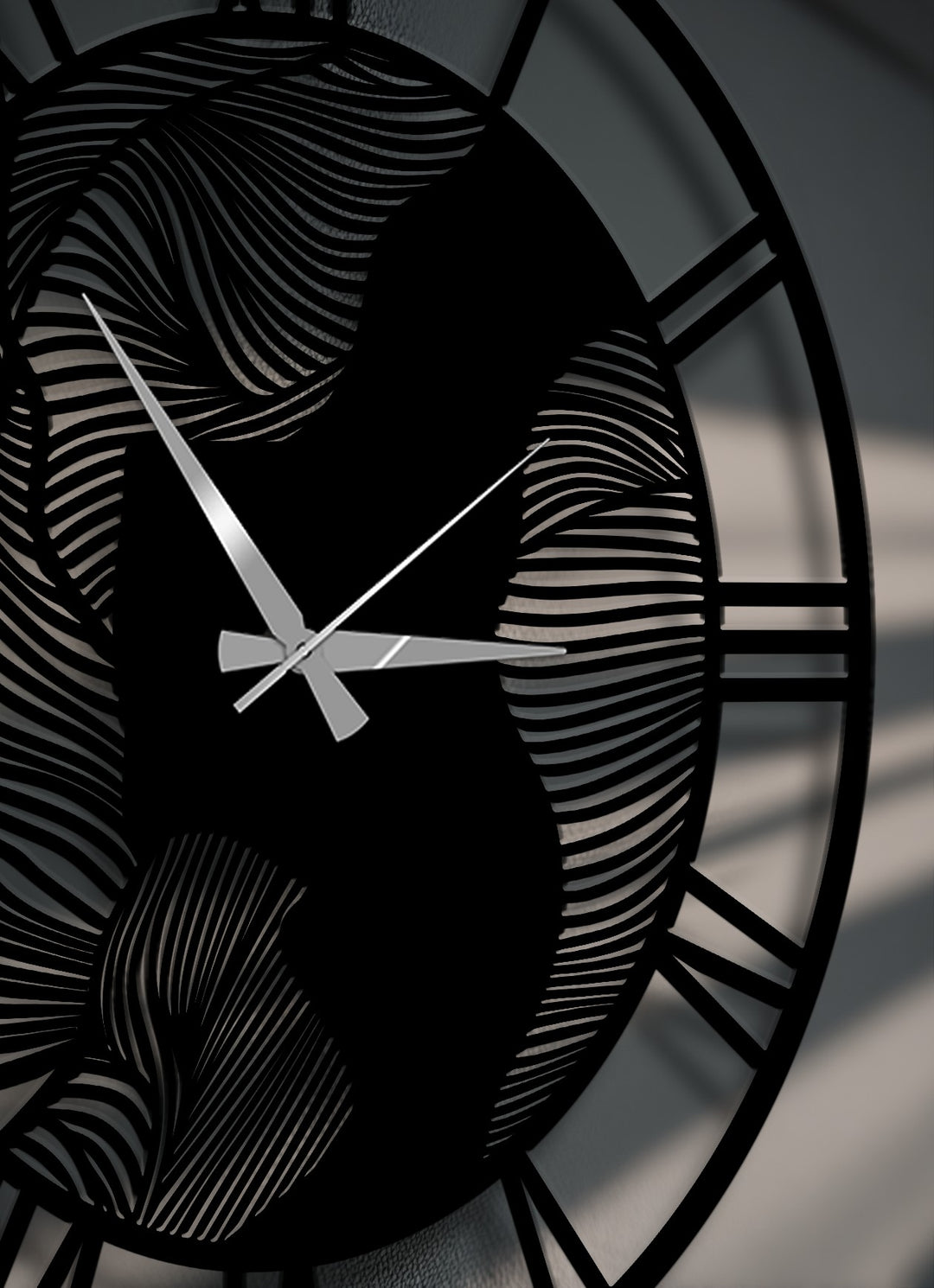 With extremely low color saturation, this abstract wave Roman numeral metal wall clock stands out as modern decoration wall art.