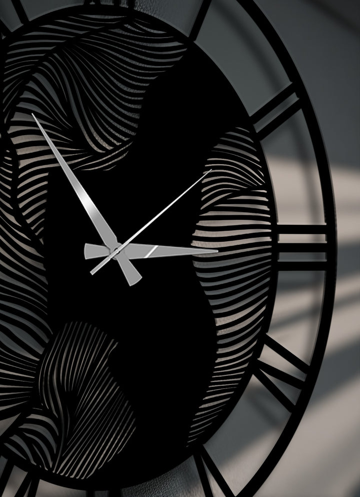 With extremely low color saturation, this abstract wave Roman numeral metal wall clock stands out as modern decoration wall art.