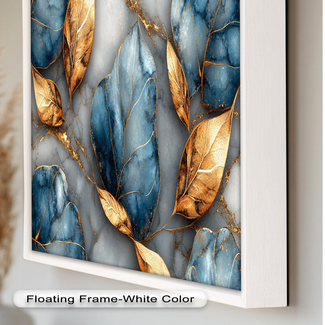 Golden Blue Marble Leaves – Botanical Oil Painting