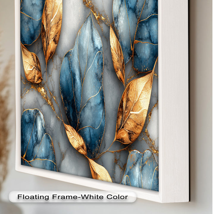 Golden Blue Marble Leaves – Botanical Oil Painting