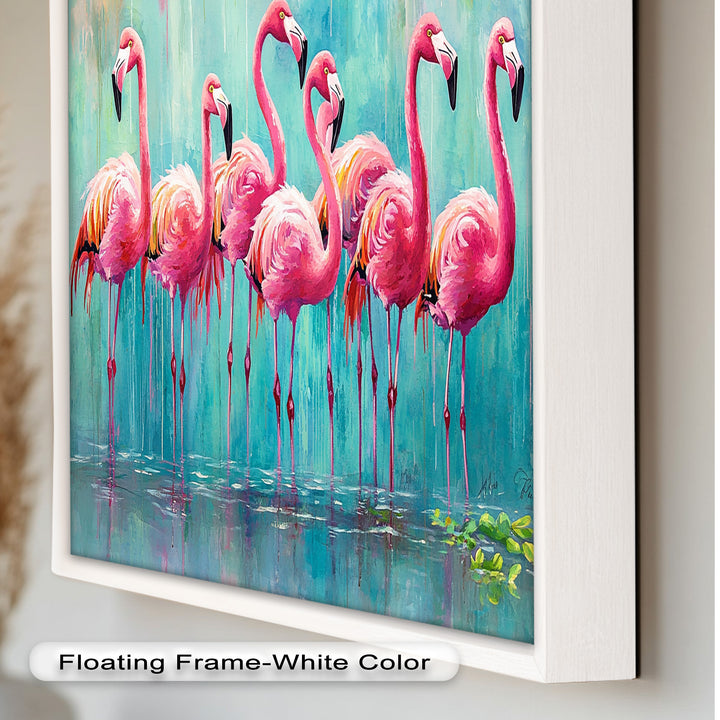 Flamingoschwarm auf dem Wasser – Tierölgemälde